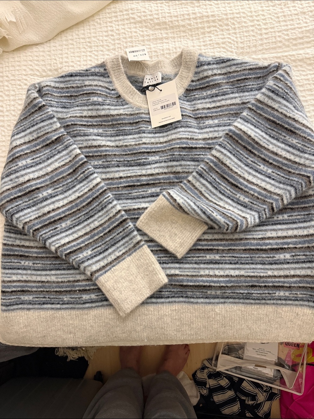 Tanya Taylor Striped Crewneck Sweater in Blue and Cream